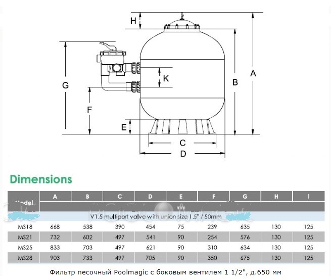 Фильтр песочный Poolmagic с боковым вентилем 1 1/2", д.650 мм 655_554